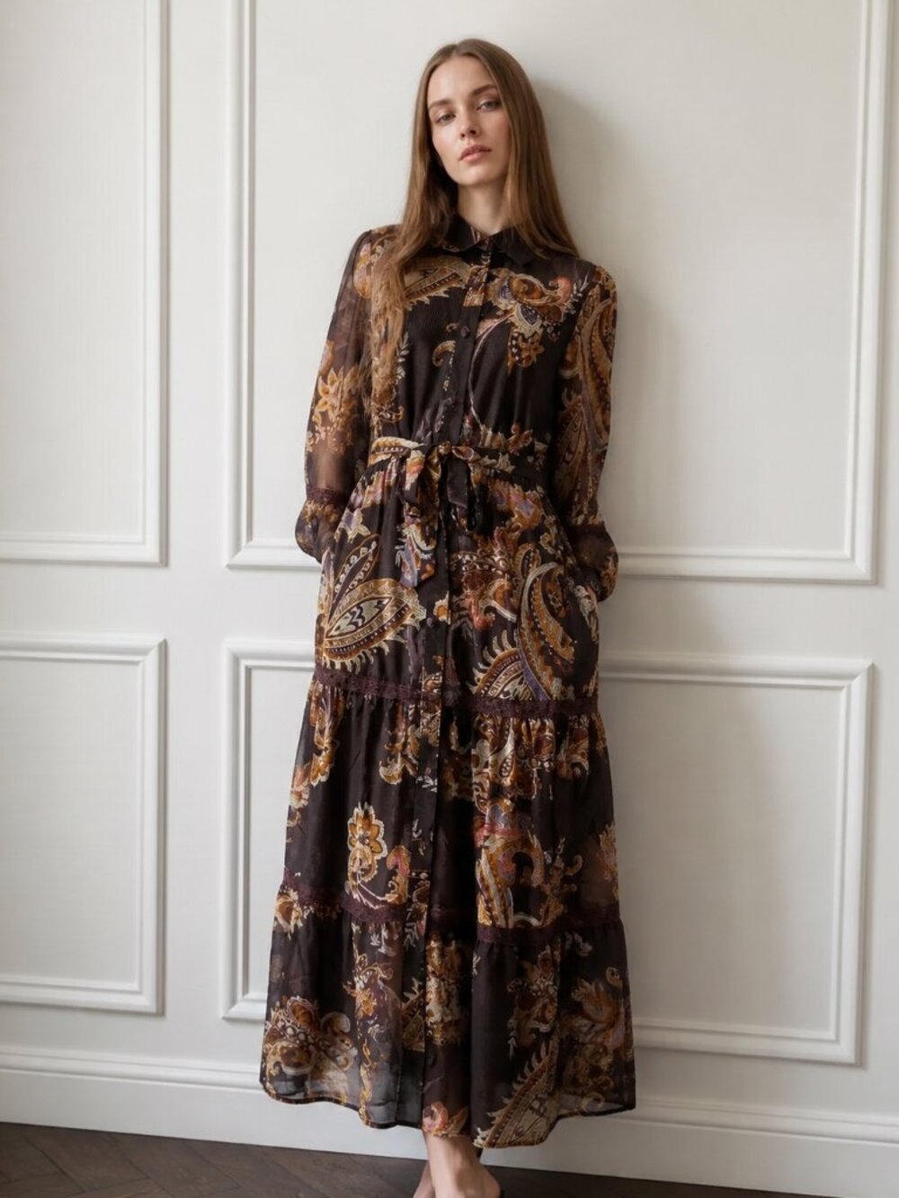 NWT Lucky & Coco Brown Paisley Belted Maxi Shirt Dress S